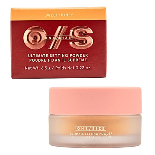 One/Size Mini Ultimate Loose Setting Powder Sweet Honey tin close-up for shine control.