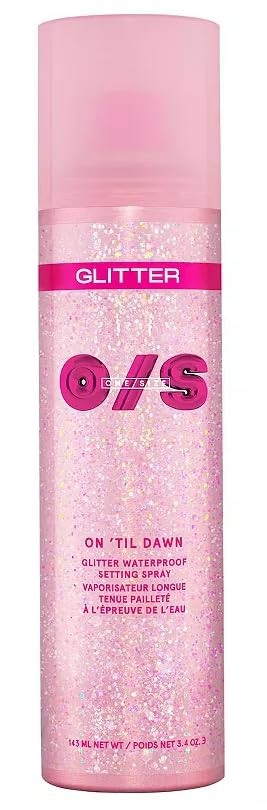 One Size On 'Til Dawn glitter setting spray bottle front with iridescent shimmer