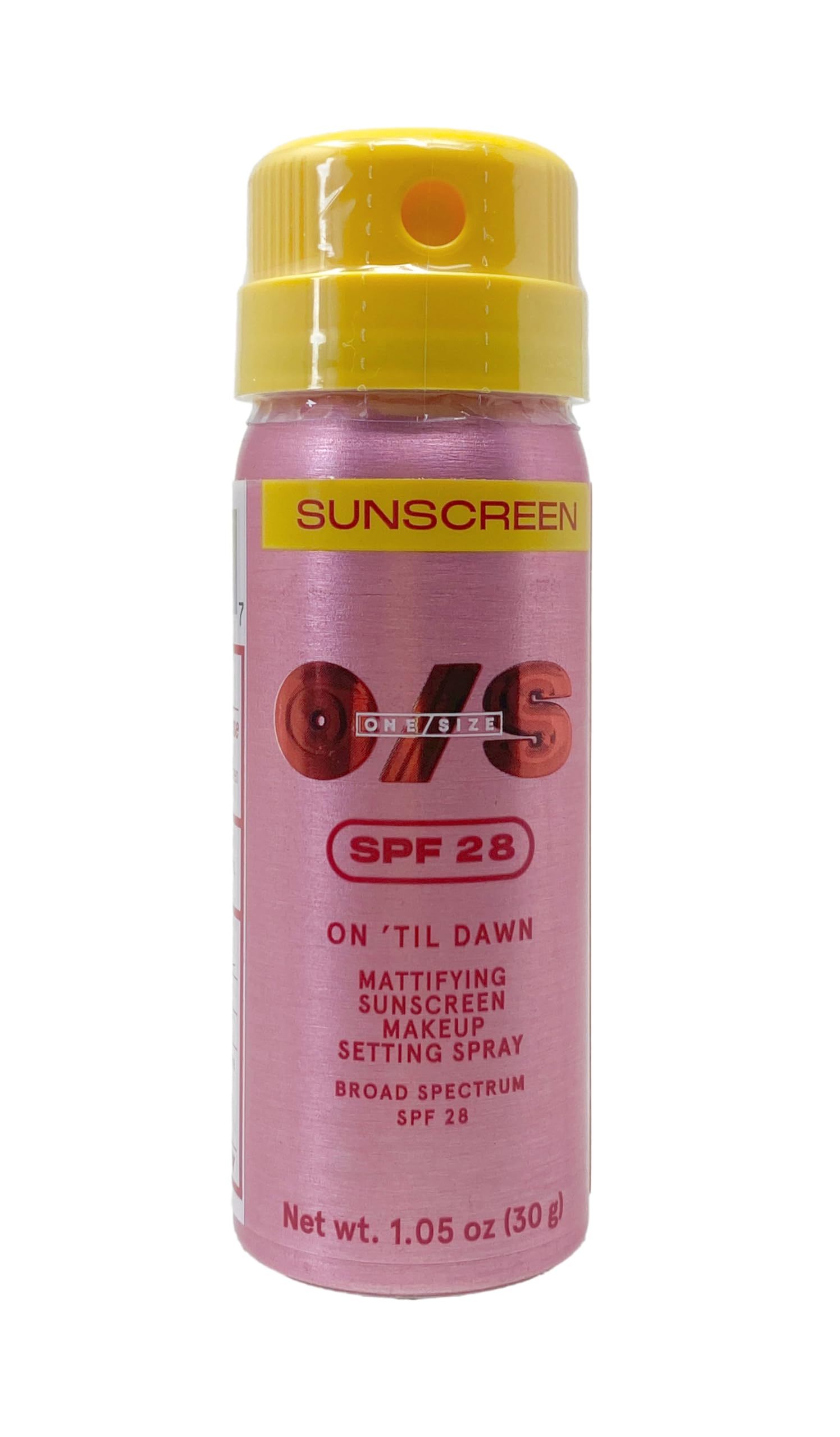One/Size On 'Til Dawn mattifying setting spray with SPF 28 in a travel-size bottle, keeps makeup fresh.