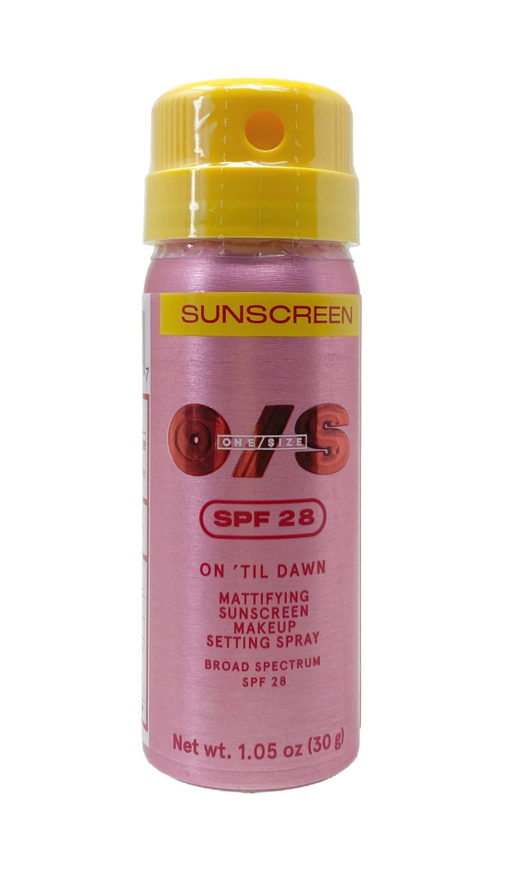 One/Size On 'Til Dawn mattifying setting spray with SPF 28 in a travel-size bottle, keeps makeup fresh.