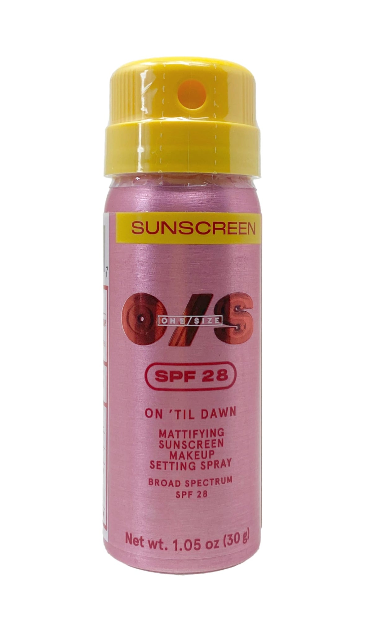 One/Size On 'Til Dawn mattifying setting spray with SPF 28 in a travel-size bottle, keeps makeup fresh.