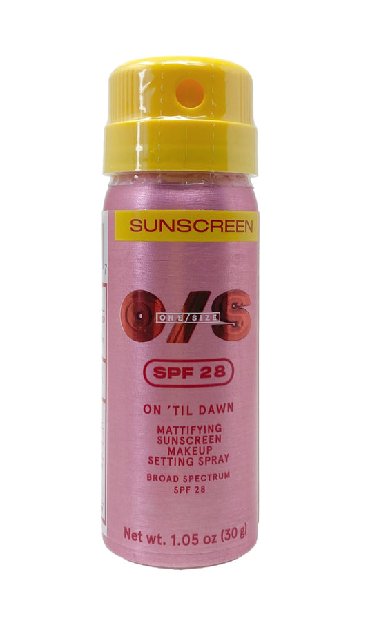 One/Size On 'Til Dawn mattifying setting spray with SPF 28 in a travel-size bottle, keeps makeup fresh.