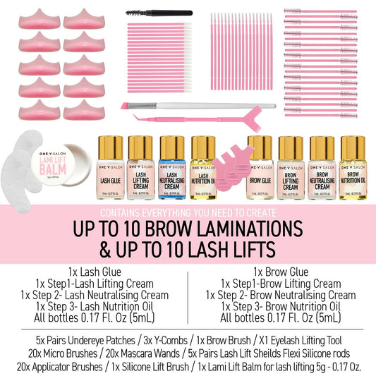 One V Salon brow lamination lash lift kit contents displayed for DIY beauty