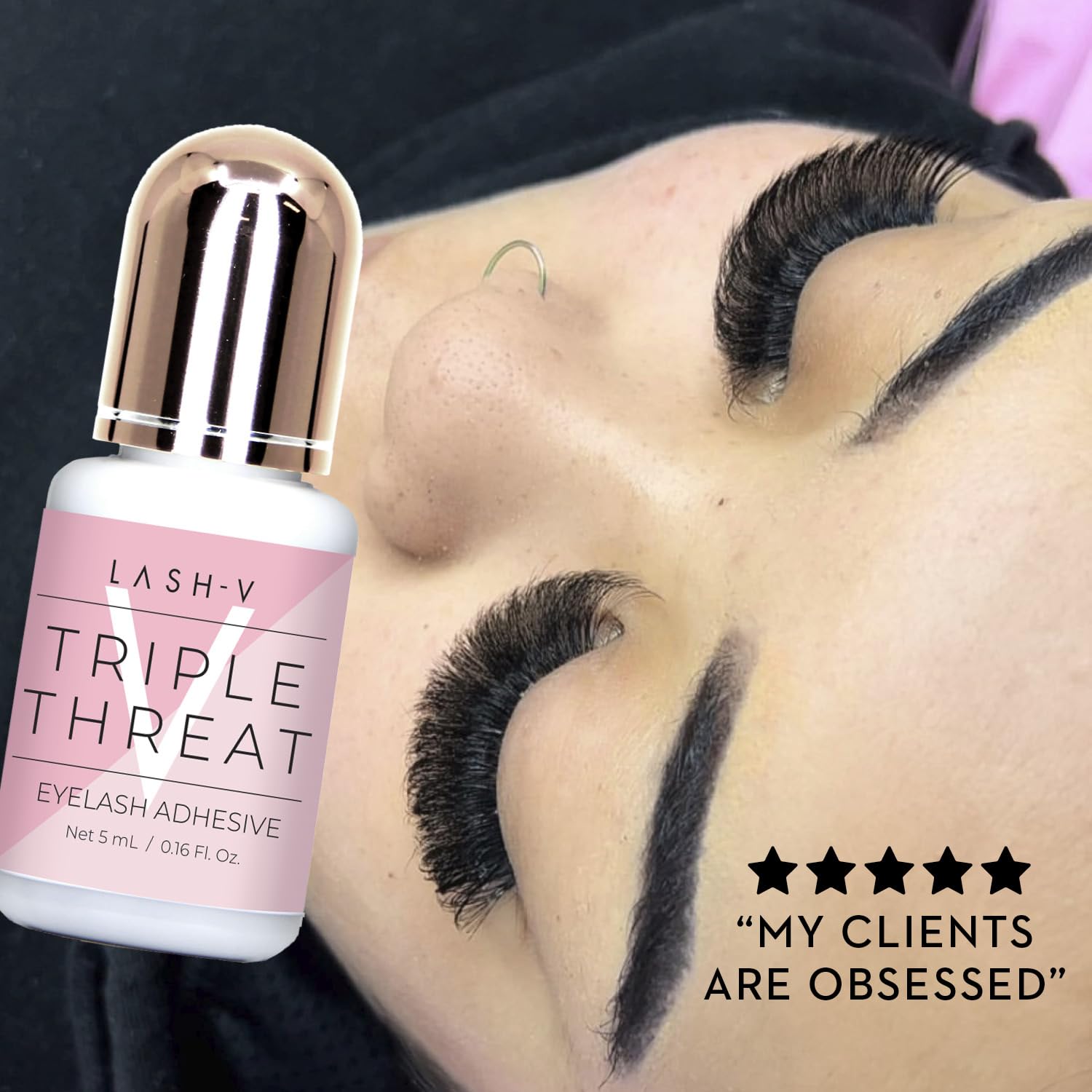 One V Salon Strong Triple Threat lash fan attachment during precise extension placement.