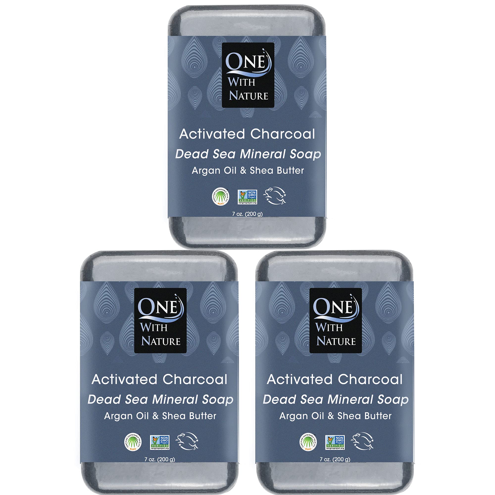 One With Nature Activated Charcoal Soap 7oz 3-pack for deep cleansing of face and body