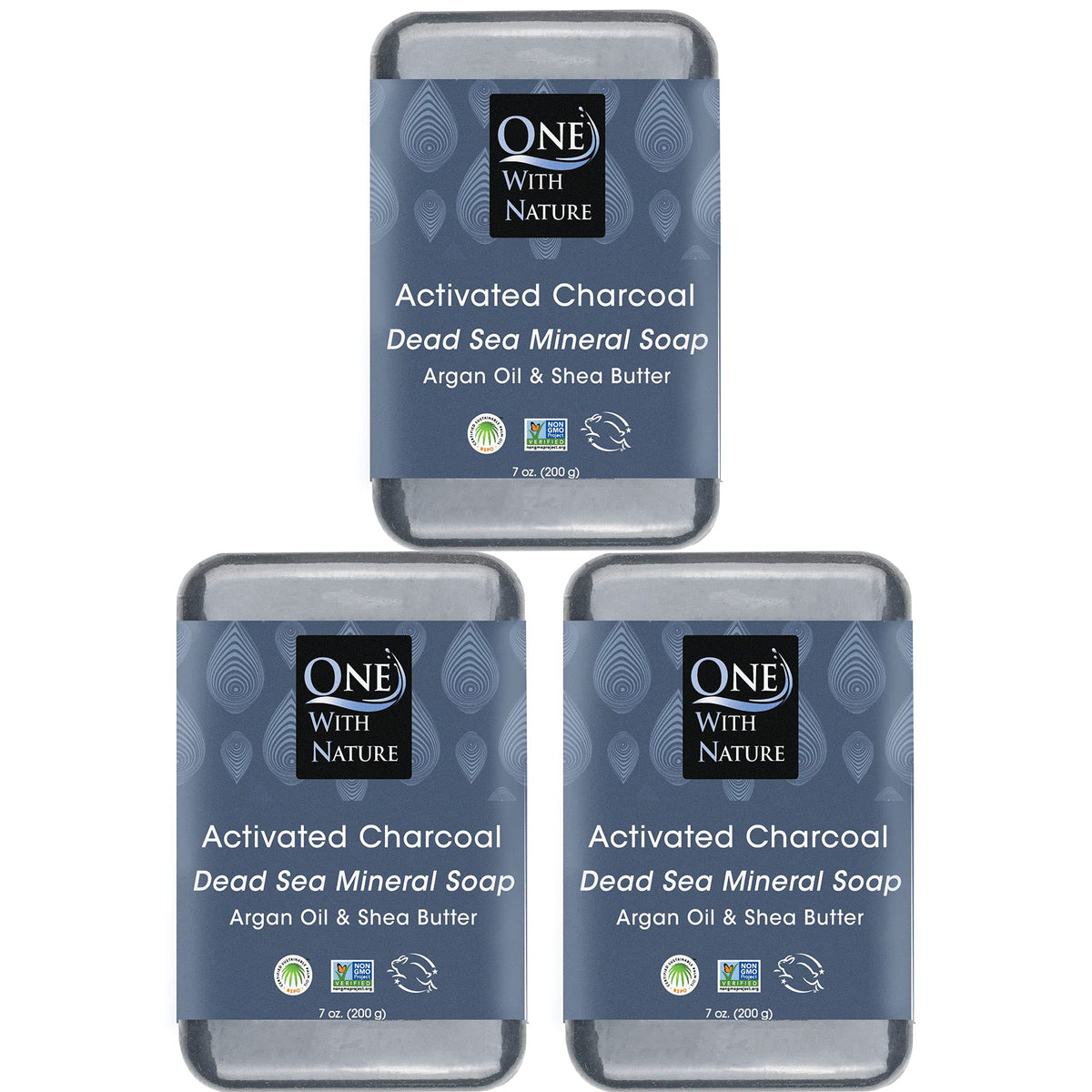 One With Nature Activated Charcoal Soap 7oz 3-pack for deep cleansing of face and body