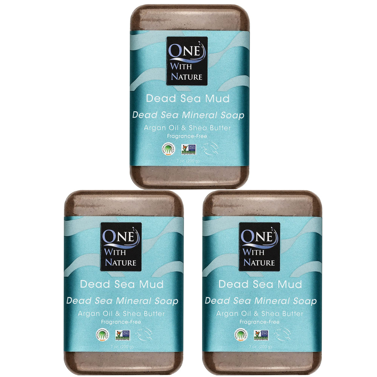 One With Nature Dead Sea Mud Soap Bar packaging showcases eco-friendly design and fragrance-free promise.
