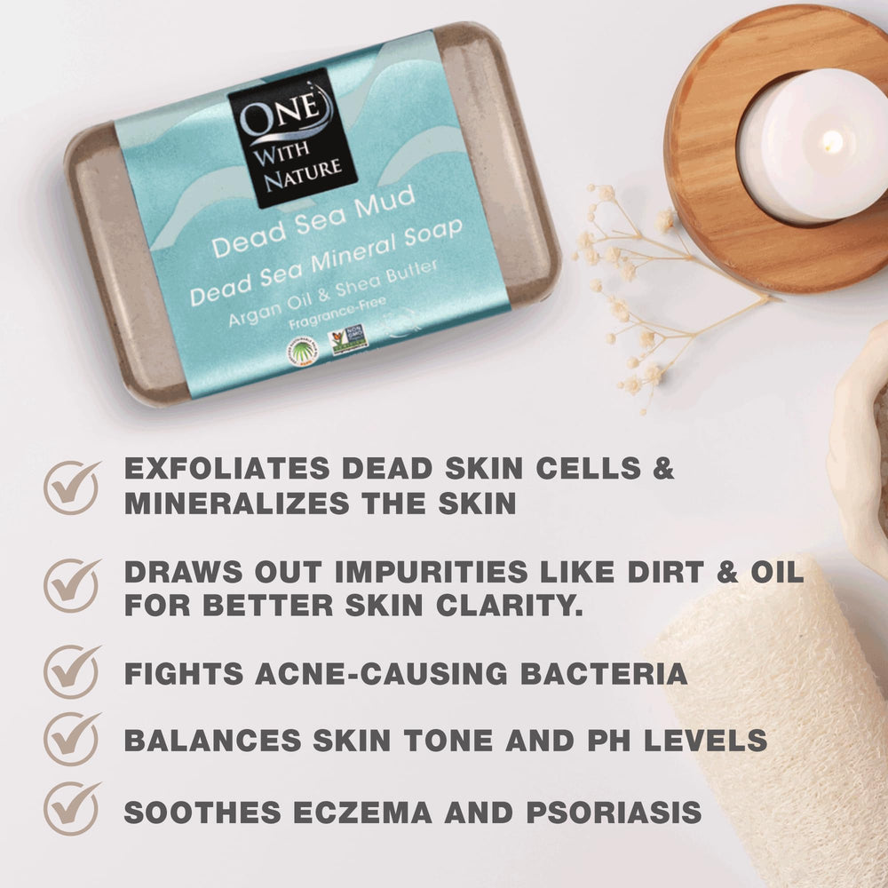 One With Nature Dead Sea Mud Soap Bar whole bar presents rich mineral cleanse for all skin types.