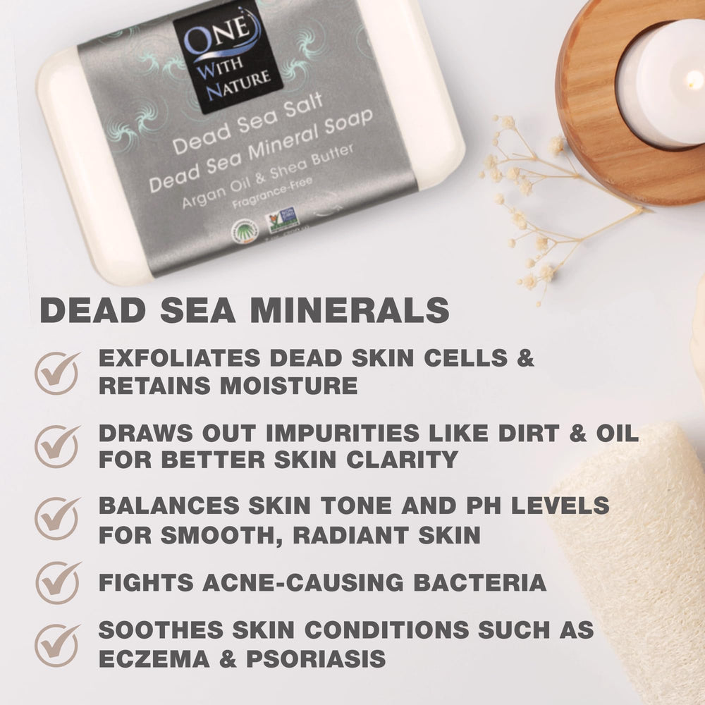 One With Nature Dead Sea Salt bar texture closeup for gentle exfoliation.