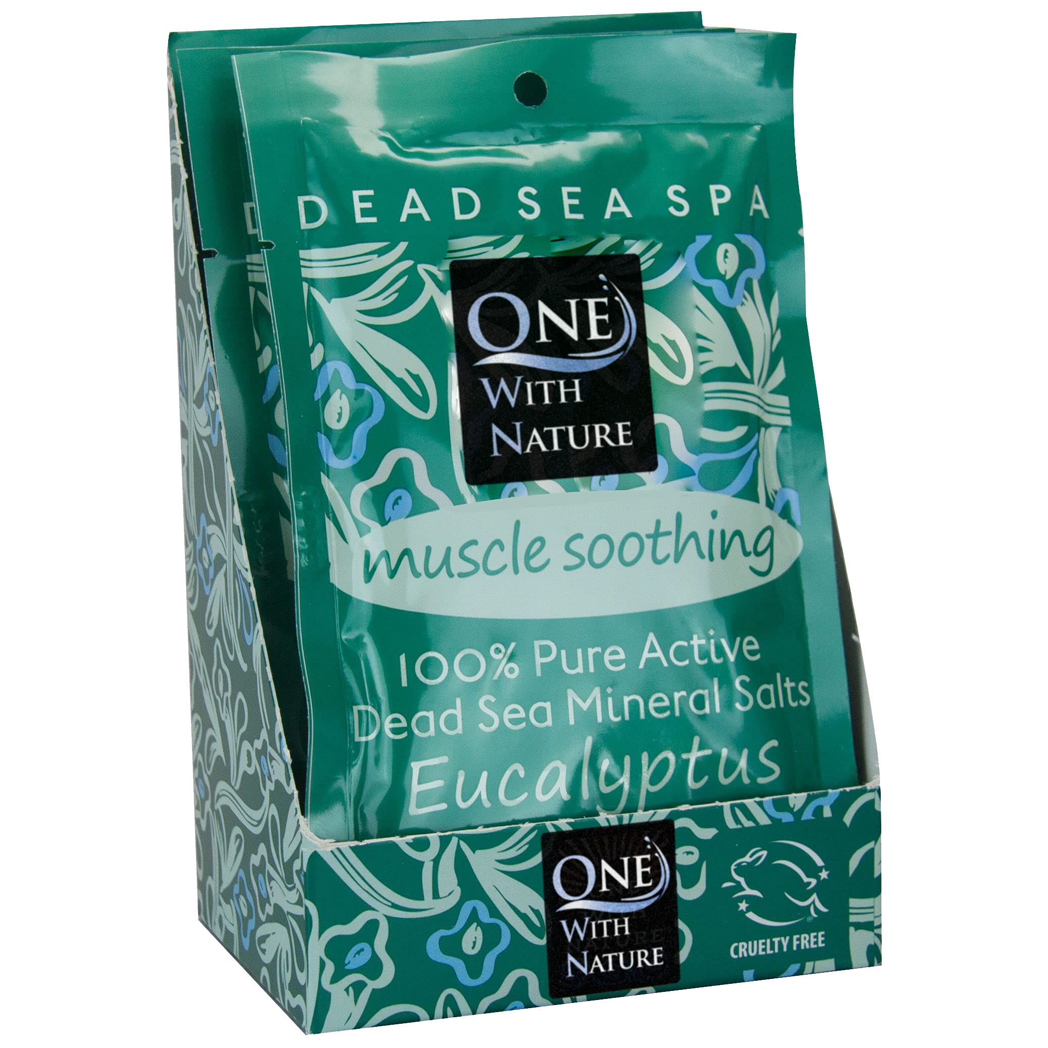 One With Nature Dead Sea salt bath eucalyptus six-pack front view, mineral-rich soak option.