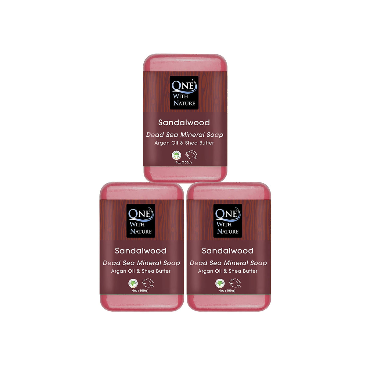One With Nature Dead Sea Salt Sandalwood Soap bar closeup showing purifying minerals for face and body