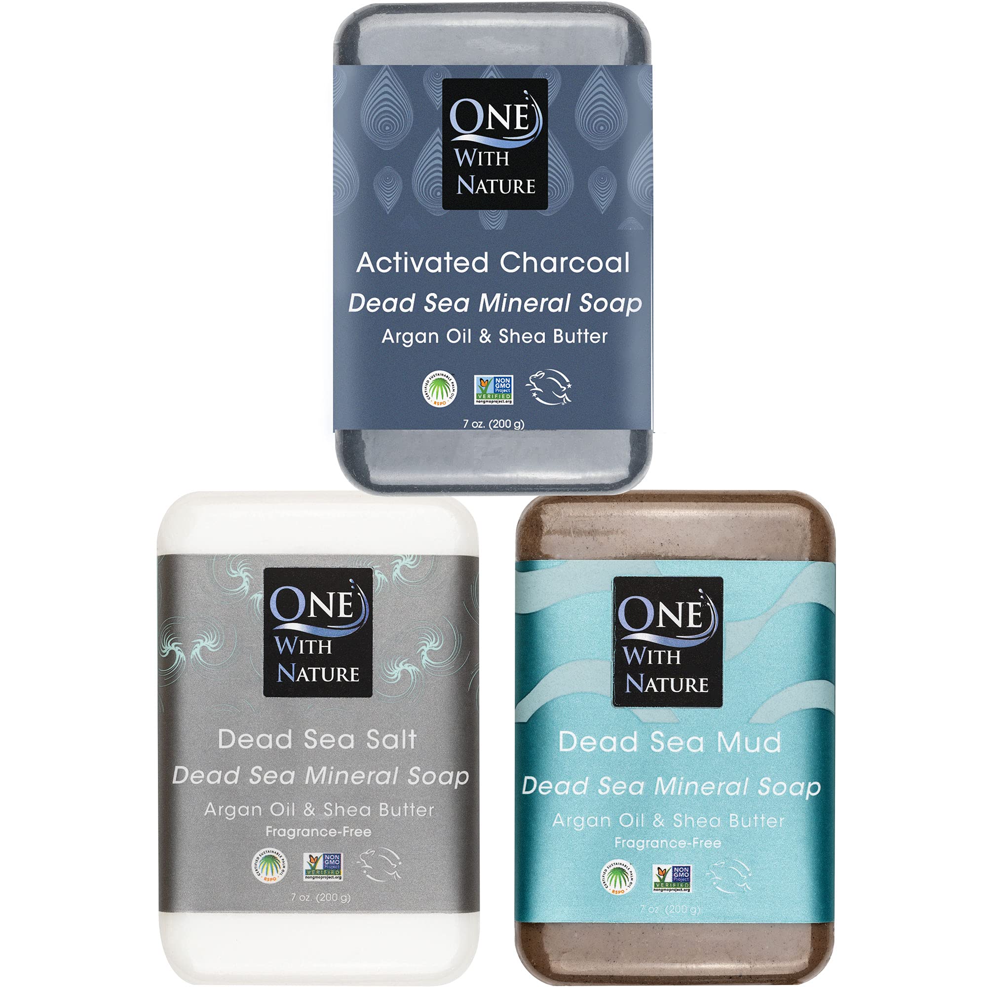 One With Nature Dead Sea Soap charcoal bar close-up for detoxifying cleanse.