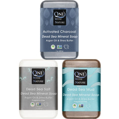 One With Nature Dead Sea Soap charcoal bar close-up for detoxifying cleanse.