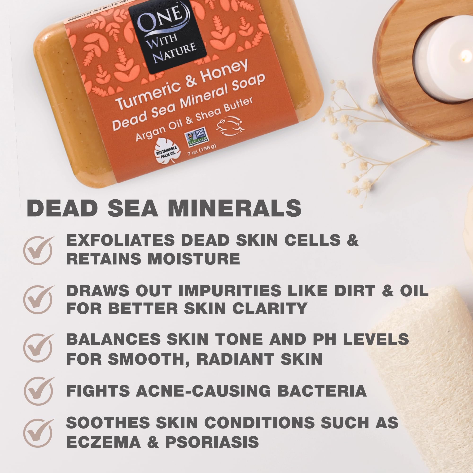 One With Nature turmeric soap close-up glow showing exfoliating texture