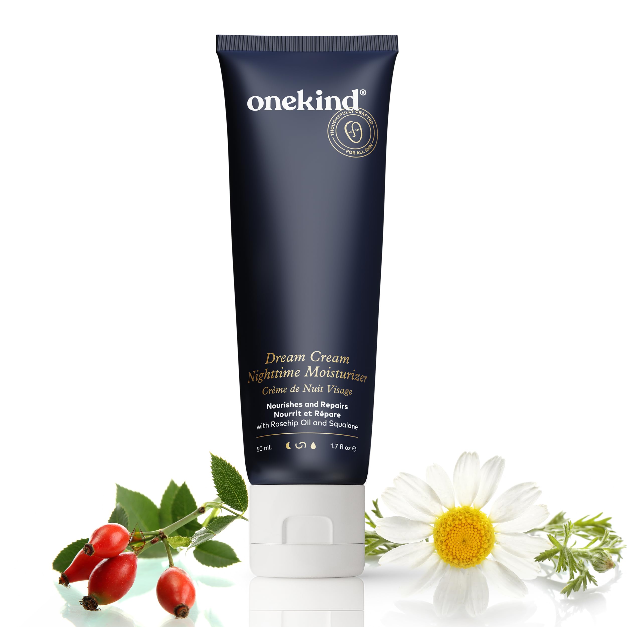 Onekind Night Moisturizer bottle close-up highlights premium packaging and nightcare routine.