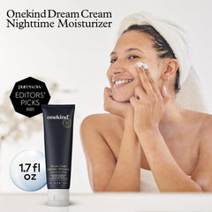 Onekind Night Moisturizer applied to dry skin delivering a soft, radiant glow.