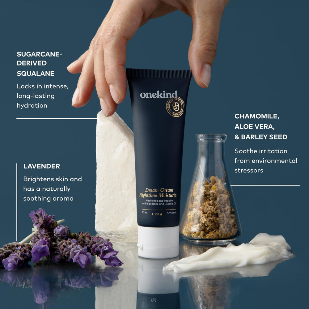 Onekind Night Moisturizer jar shows shea butter for nourishing moisturization.