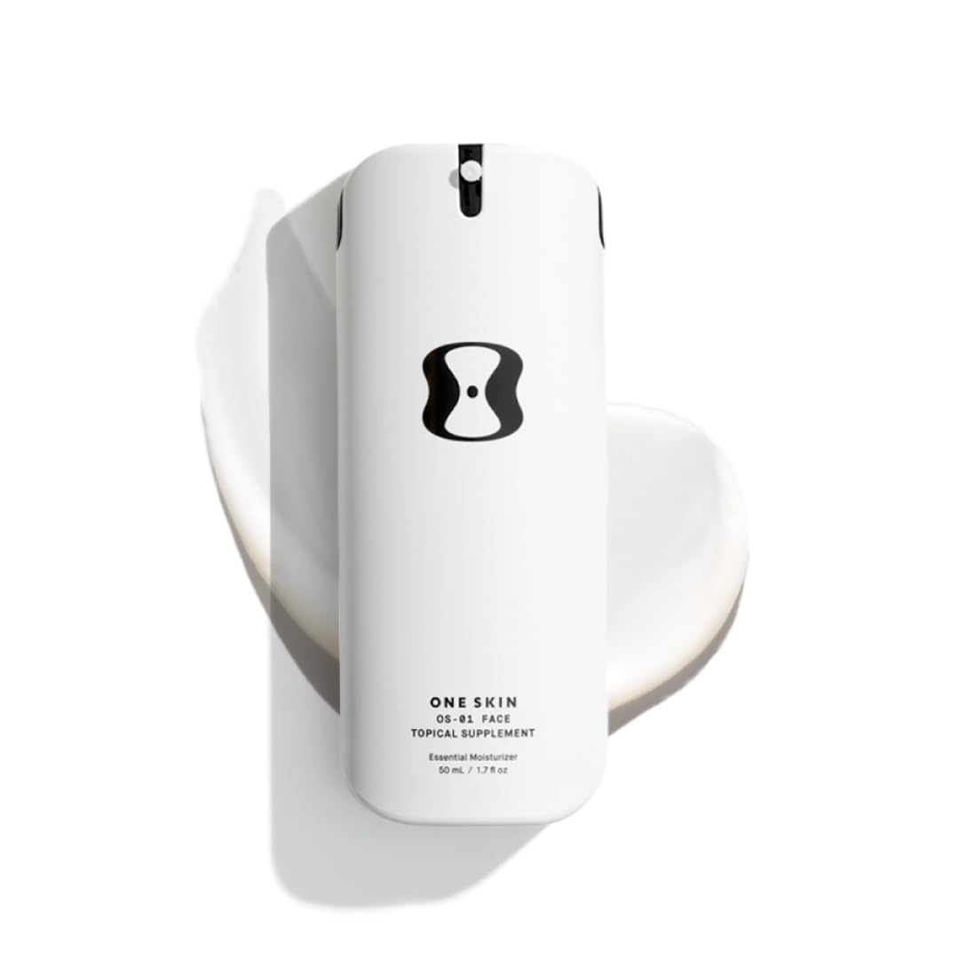 OneSkin OS-01 bottle close-up, fragrance-free peptide moisturizer for all skin types.