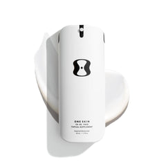 OneSkin OS-01 bottle close-up, fragrance-free peptide moisturizer for all skin types.