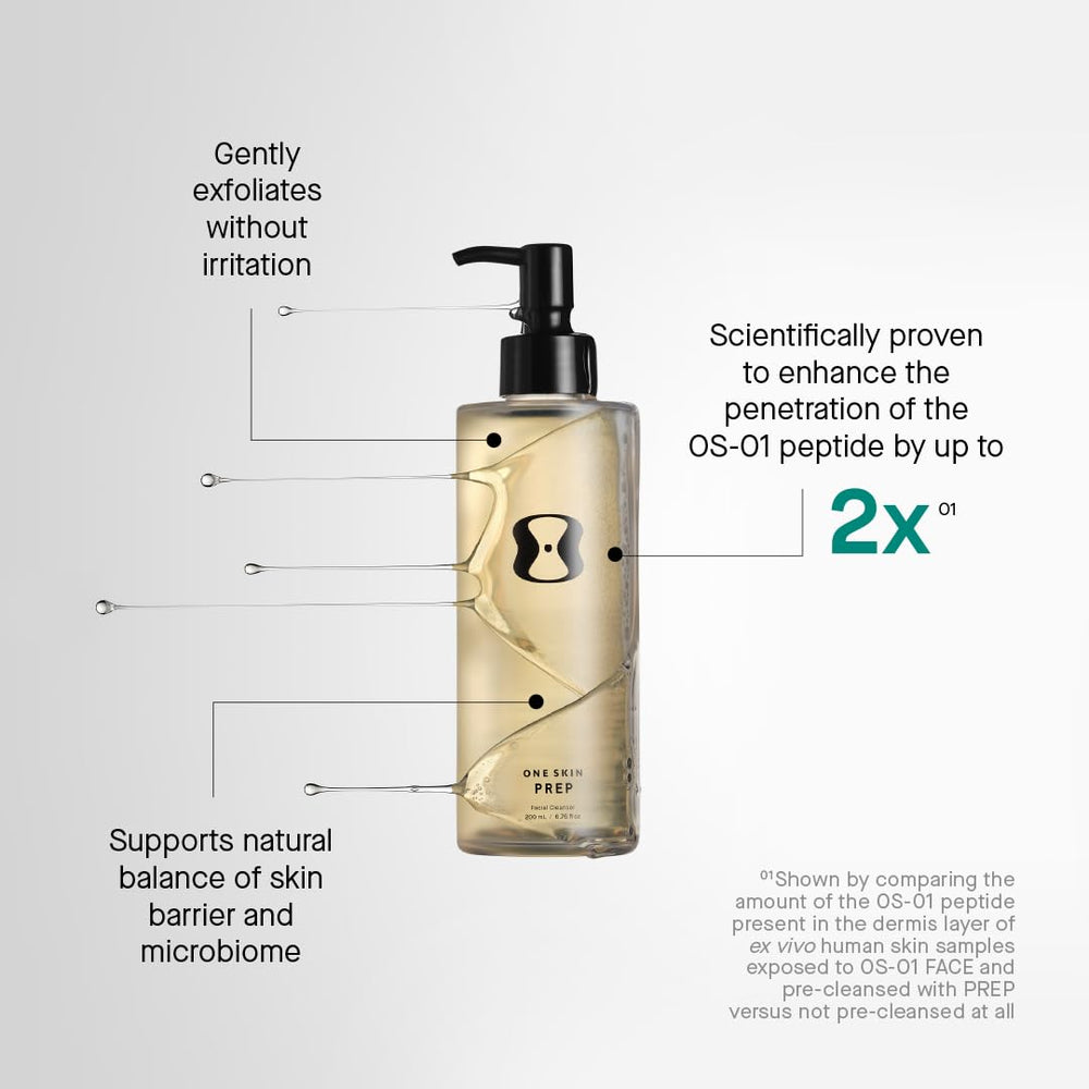 OneSkin PREP foaming lather demonstrates light, non-stripping cleansing action.