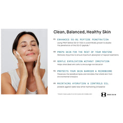 OneSkin PREP cleanser label closeup highlights fragrance-free vegan formula.