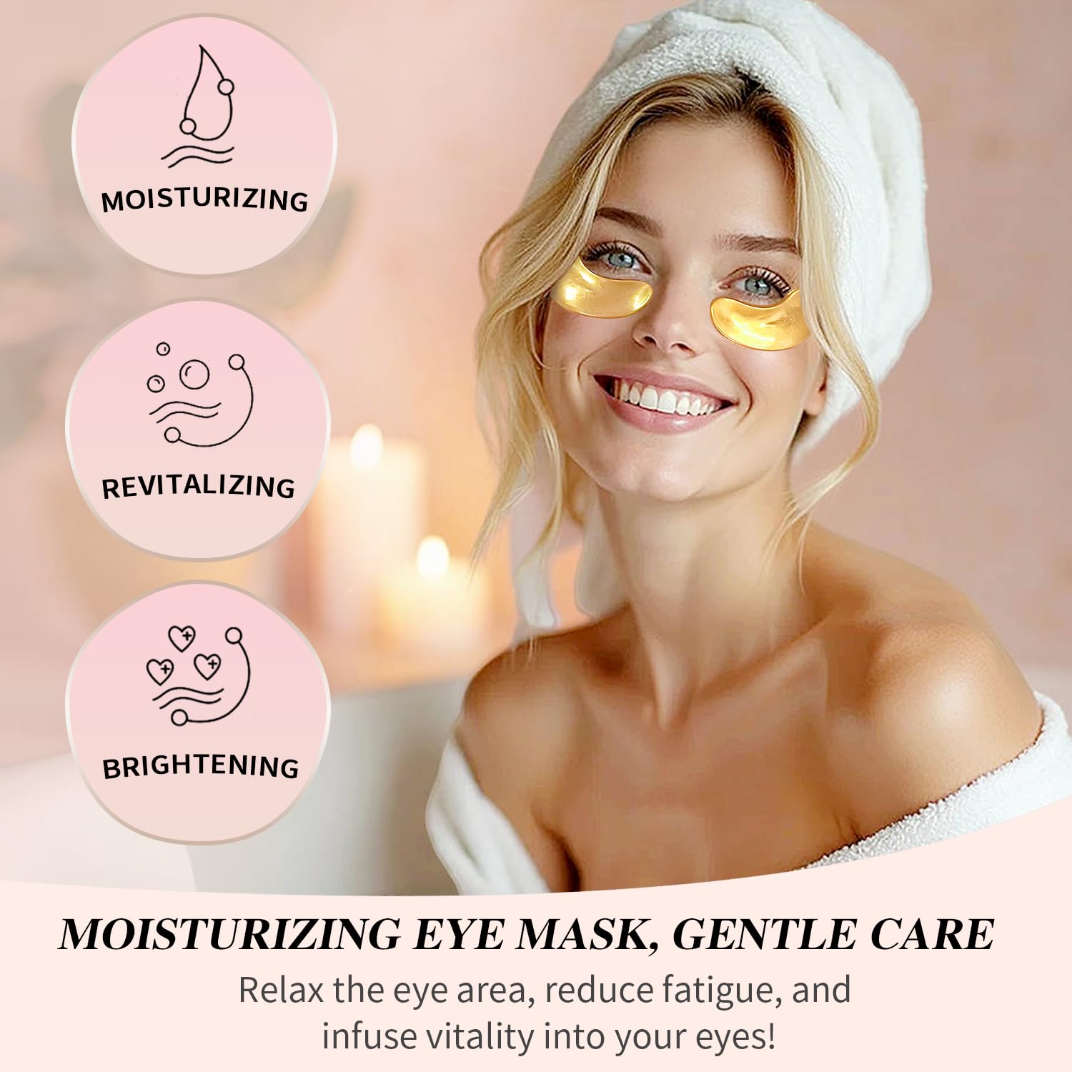 Onespring Under Eye Patches applied under the eyes for a refreshed, awake appearance.