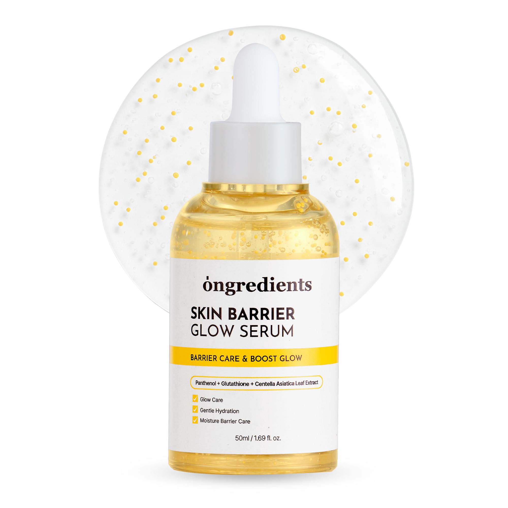 ONGREDIENTS Skin Barrier Glow Serum bottle shows barrier support for calm, radiant skin.