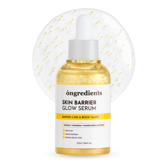 ONGREDIENTS Skin Barrier Glow Serum bottle shows barrier support for calm, radiant skin.