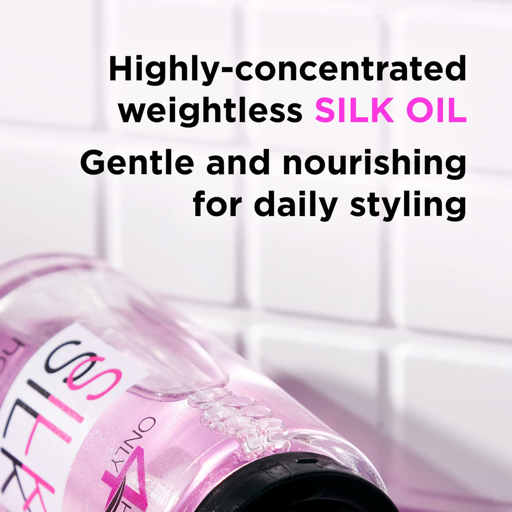 ONLY4HAIR Silk Hair Oil bottle-pour image showing quick, even application