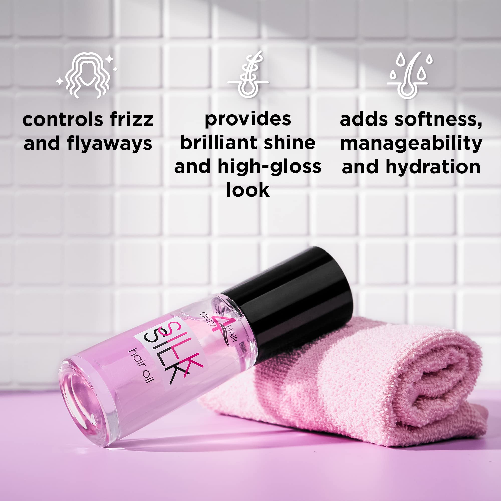 ONLY4HAIR Silk Hair Oil applied to hair delivering glossy, soft finish