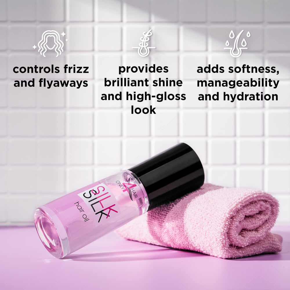 ONLY4HAIR Silk Hair Oil applied to hair delivering glossy, soft finish