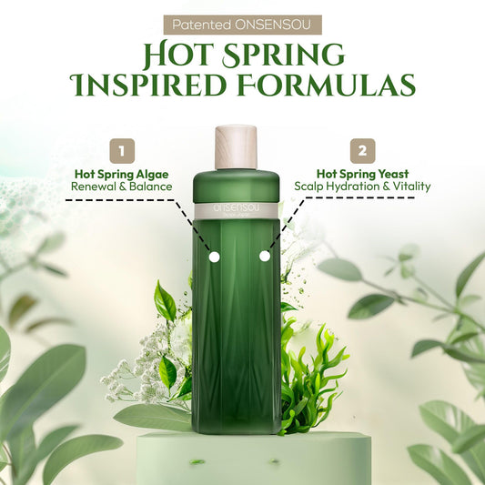 ONSENSOU hot spring yeast ingredients close-up promoting balanced scalp hydration.