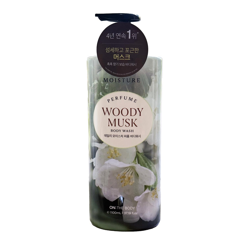 On The Body Daily Moisture Woody Musk bottle highlights premium scent and generous 1100mL size for daily use.