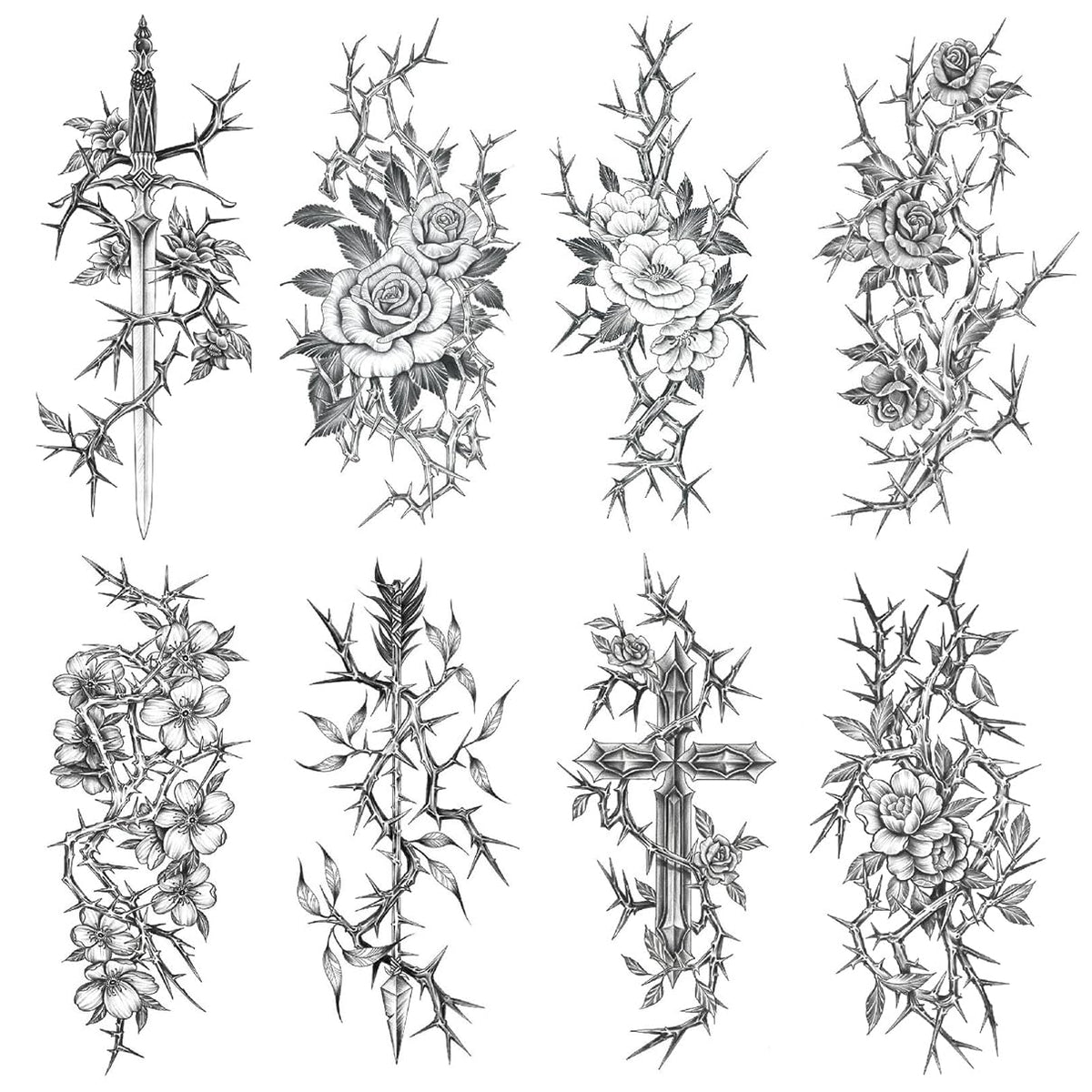 Oottati sword-thorns-flower-rose-cross arm tattoo for bold festival looks.