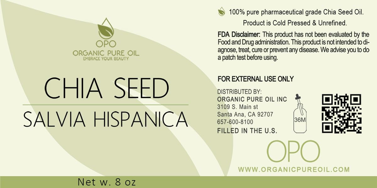 OPO chia seed oil glass bottle closeup showing purity.