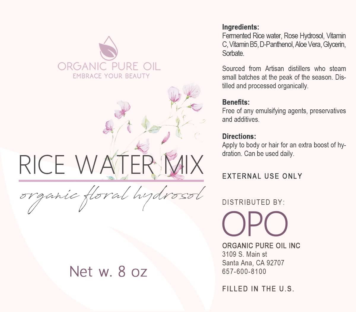 OPO Rice Water Hair Growth Mixture label detail emphasizes organic ingredients