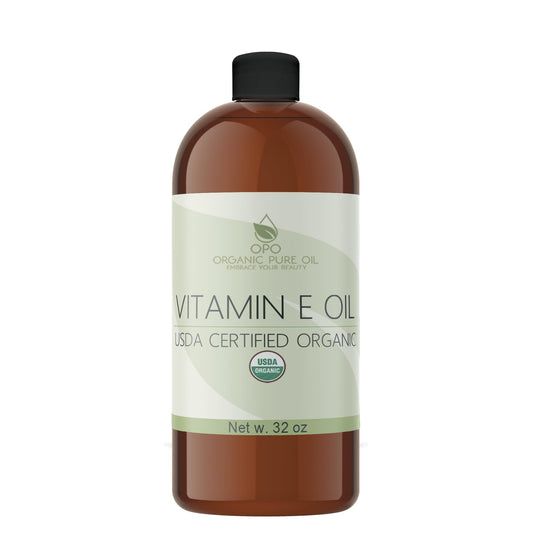 OPO Vitamin E Oil 32oz bottle close-up, lightweight moisturizer for face and body.