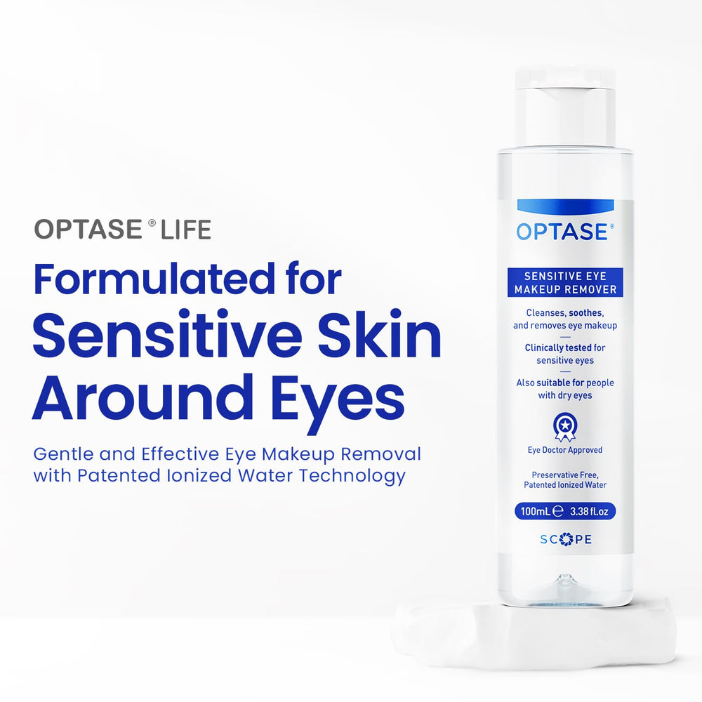 Cotton pad with Optase Life remover used for safe daily eye makeup removal.