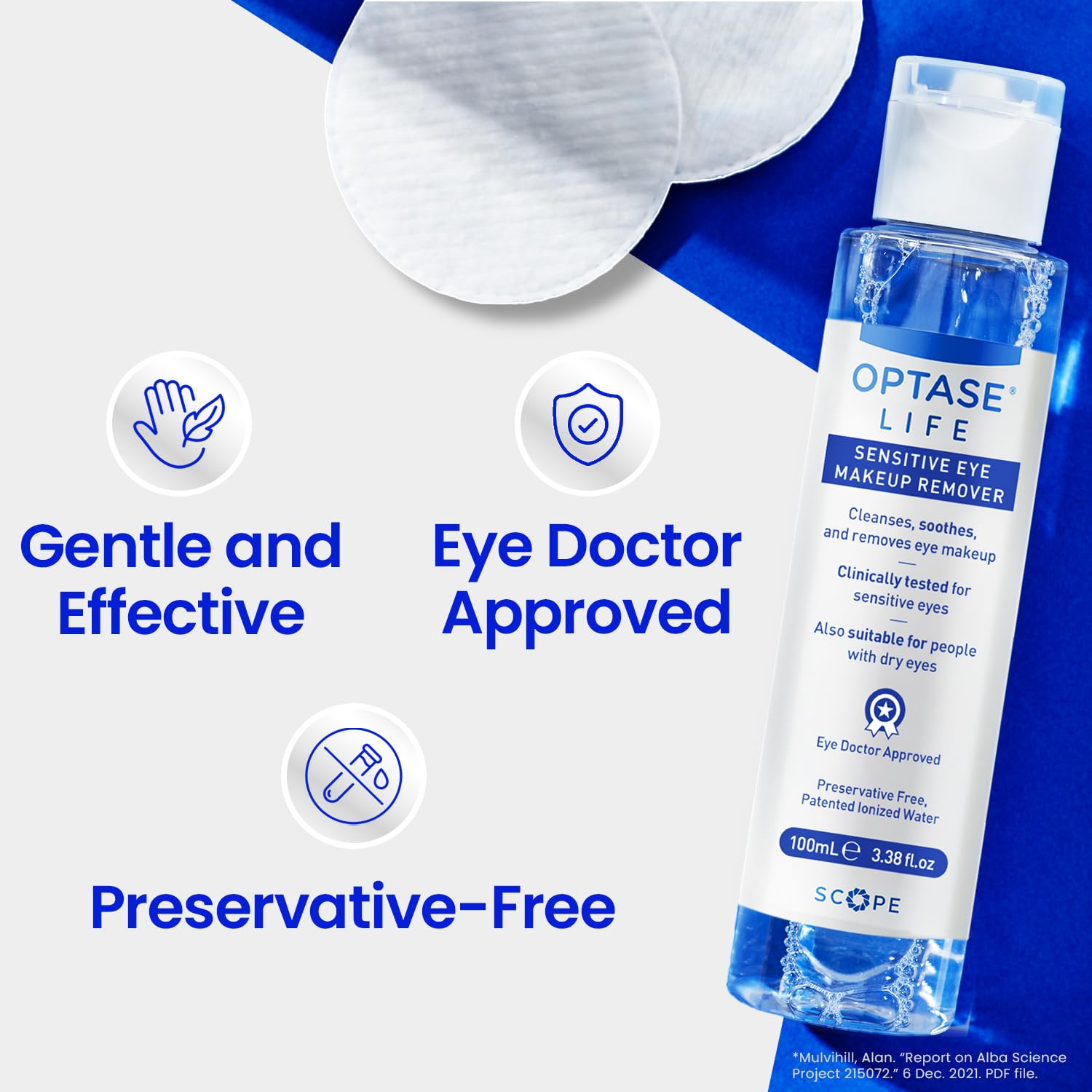 Optase Life removes waterproof mascara without rinsing, showing effective makeup removal.