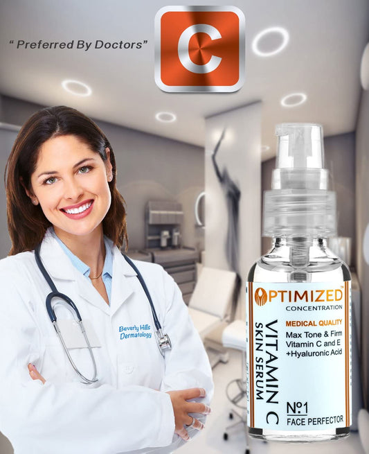 OPTIMIZED vitamin C serum texture close-up shows silky, fast-absorbing formula.