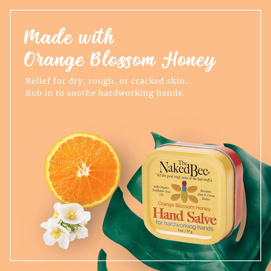 Orange blossom honey hand salve tin close-up by The Naked Bee for moisturized skin.