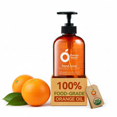 Orange House hand soap bottle label with citrus scent for refreshing washes.