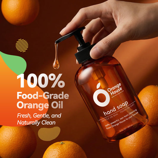 ORANGE HOUSE Liquid Hand Soap orange-oil foam on hands for gentle cleaning.