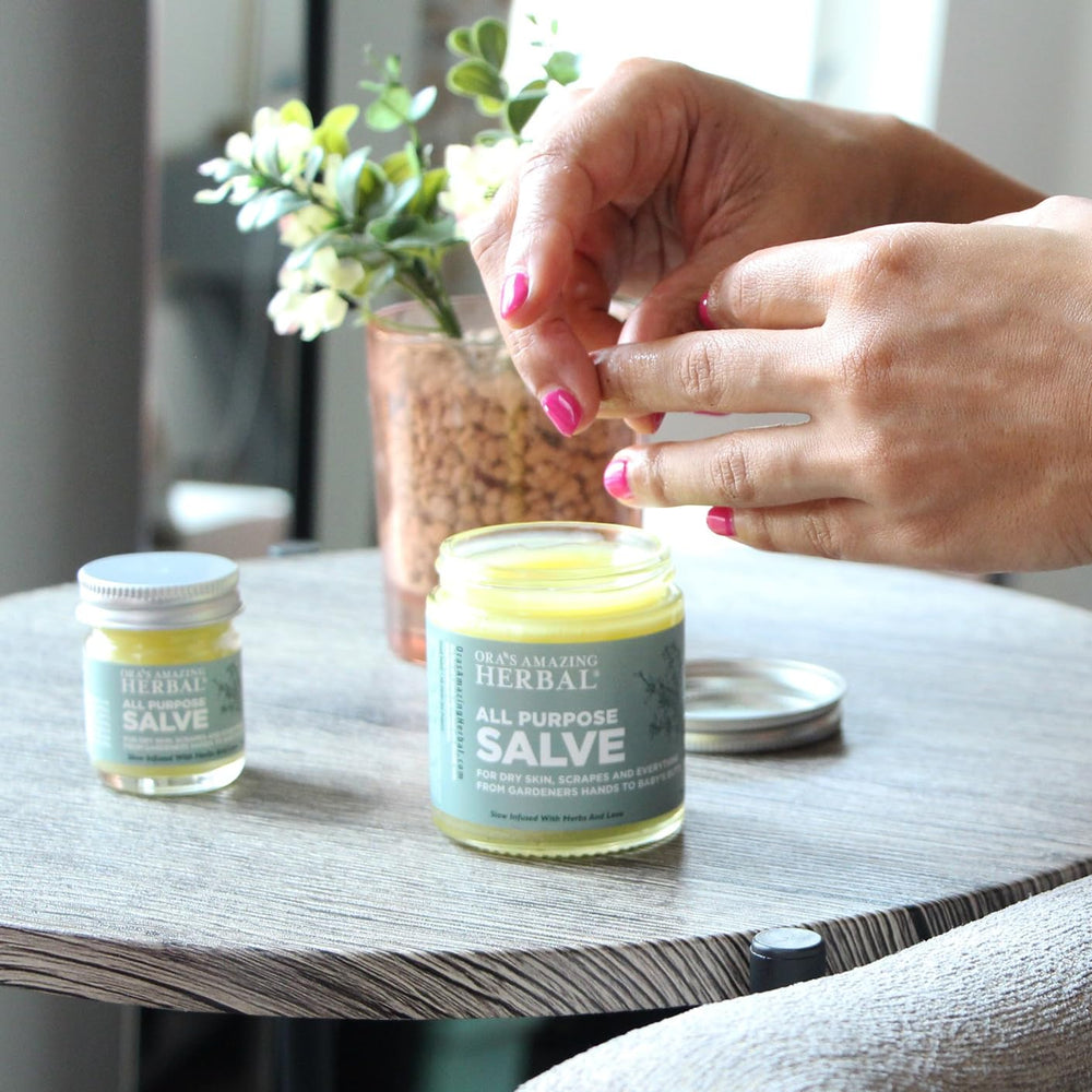 Eco-friendly glass packaging of Ora's Amazing Herbal salve