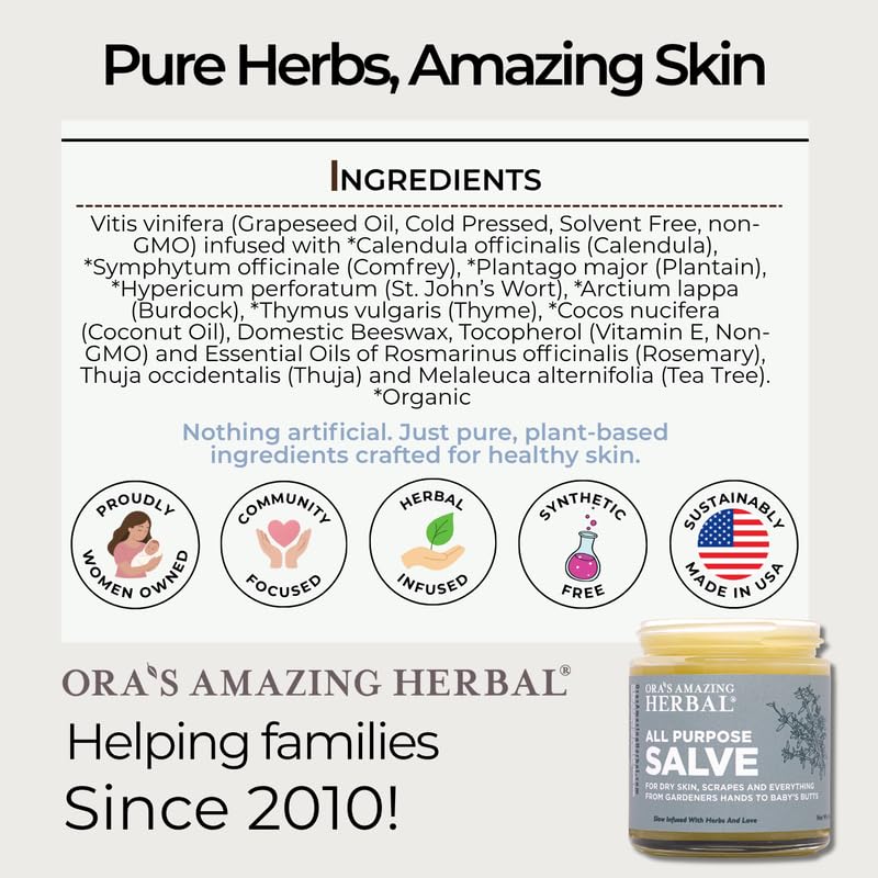 Plantain and thyme blend in Ora's Amazing Herbal salve for versatile healing