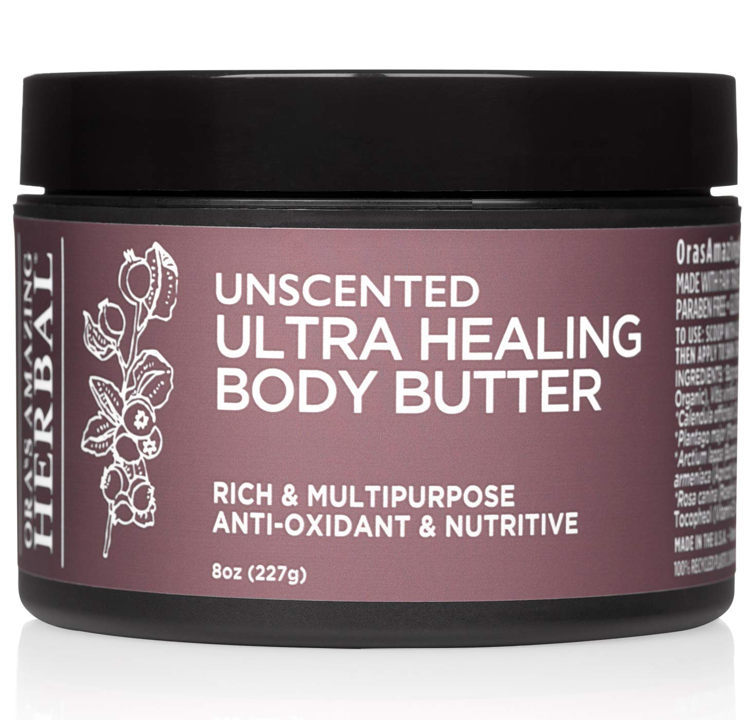 Ora's Amazing Herbal Ultra Healing Butter jar front, fragrance-free moisture for dry skin.