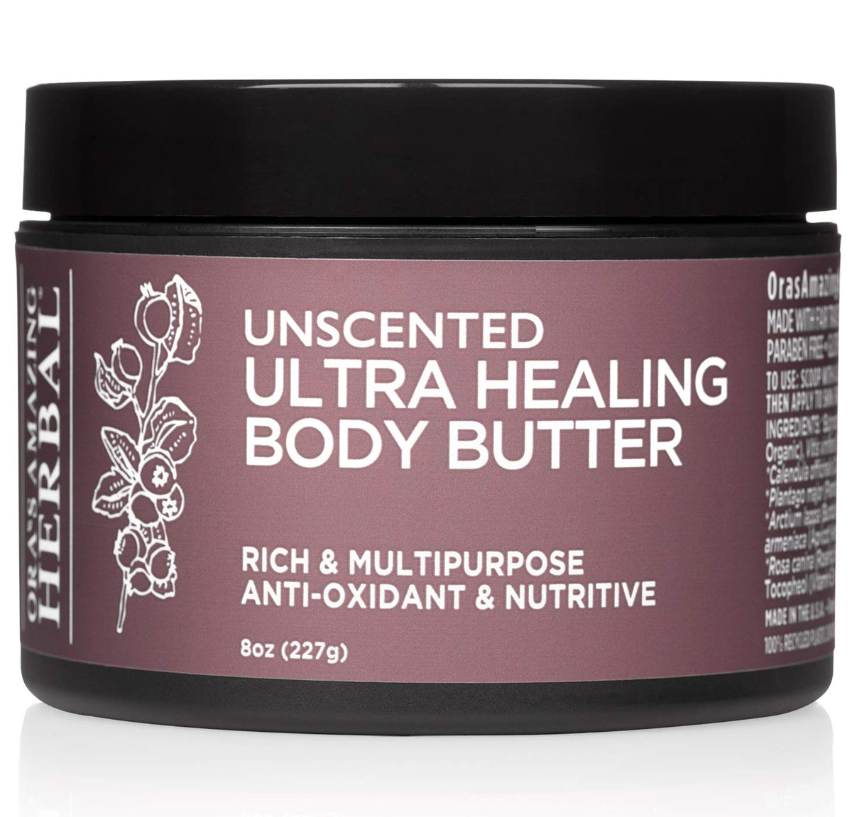 Ora's Amazing Herbal Ultra Healing Butter jar front, fragrance-free moisture for dry skin.