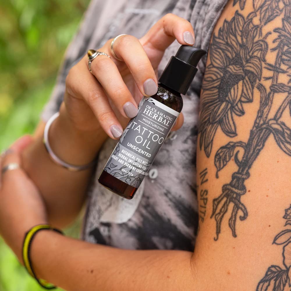 Ora's Amazing Herbal unscented tattoo oil apricot and jojoba oils nourish skin.