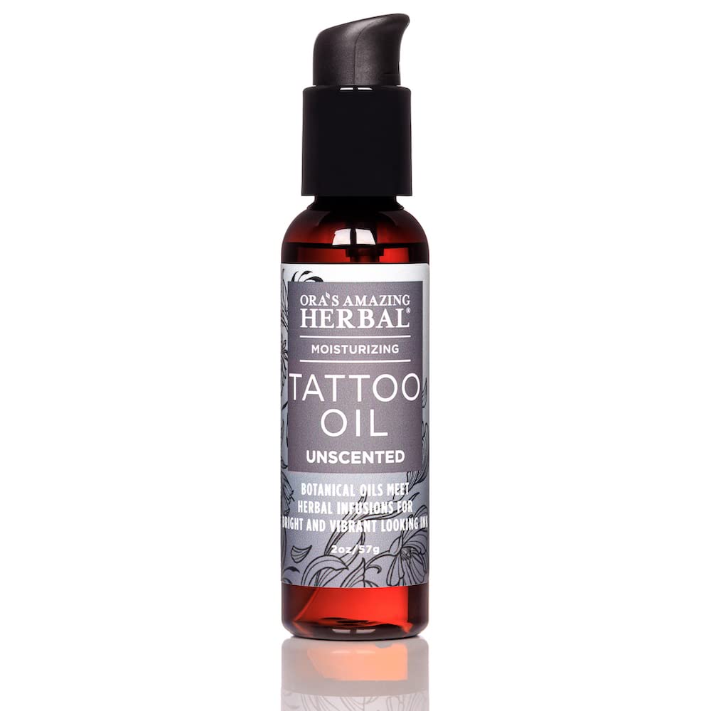 Ora's Amazing Herbal unscented tattoo oil bottle for fragrance-free post-tattoo care.