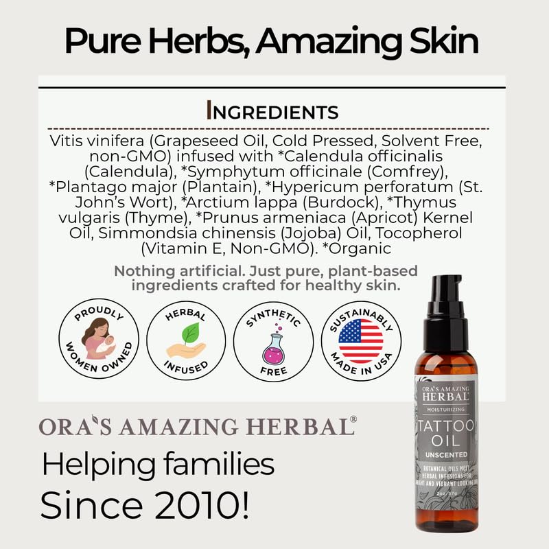 Ora's Amazing Herbal unscented tattoo oil calendula close-up highlighting soothing herbs.
